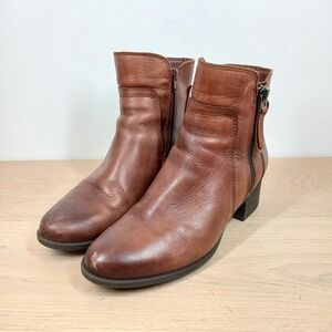Naturalizer Women's 9.5 Cognac Brown Leather Ankle Boots Block Heel Dual Zip